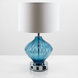 Modern Cobalt Blue Ribbed Glass Table Lamp with USB Port