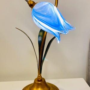 Florensa Artisan Table / Desk Lamp with Handmade Colored Glass of Blue Tulip Flower Lampshade
