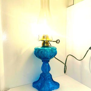 Princess Feather Blue Glass Electric Oil Lamp