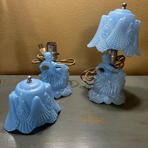 Rare Pair of Vintage 1930s Blue Glass Cameo Girl Lamps With Matching Shades~ Sea Shell Motif in The Glass ~ L.E. Smith Glass