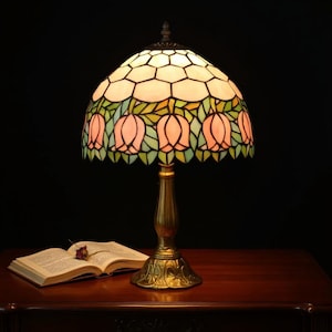 Tiffany Stained Glass Table Lamp | Pink Tulip Desk Lamp | Vintage Victorian Bedside Light | Cottagecore Home Decor Accent