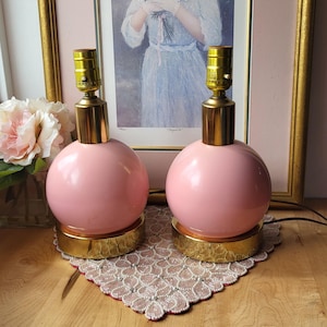Vintage Pair of Round Lamp Pink & Gold Art Deco Bubble Gum Lamp