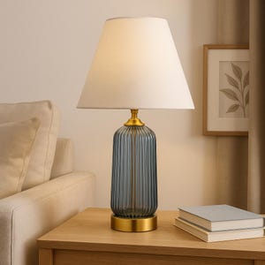 Blue Ribbed Glass Table Lamp with Brass Base 19 Inch White Shade