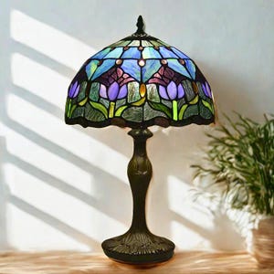 Stained Glass Table Lamp | Handmade Blue Floral Design | Antiqued Bronze Base | Handcrafted Glass Art | Art Nouveau Lamp
