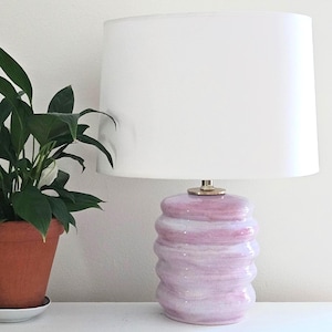 Artisan Ceramic Table Lamp: Wavy Pink Glazed Pottery with Brass Hardware, Modern Coastal Decor