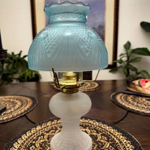Vintage Frosted Blue Glass Oil Lamp