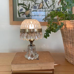 Vintage Michelotti Glass Boudior Lamp, Hanging Prisms, 8” Tall, Made in Holland